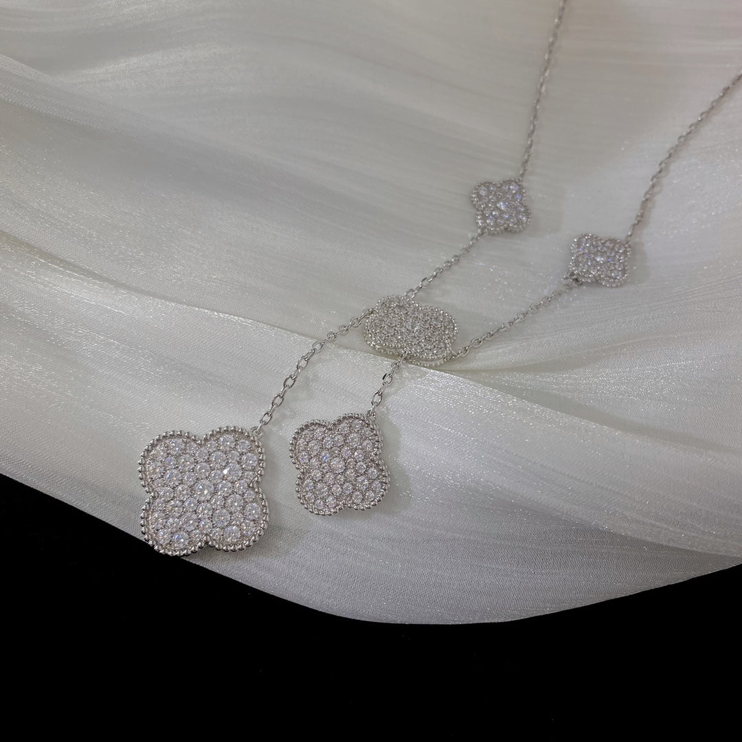 [Stars Jewelry]CLOVER 5 MOTIFS SILVER DIAMONDS NECKLACE