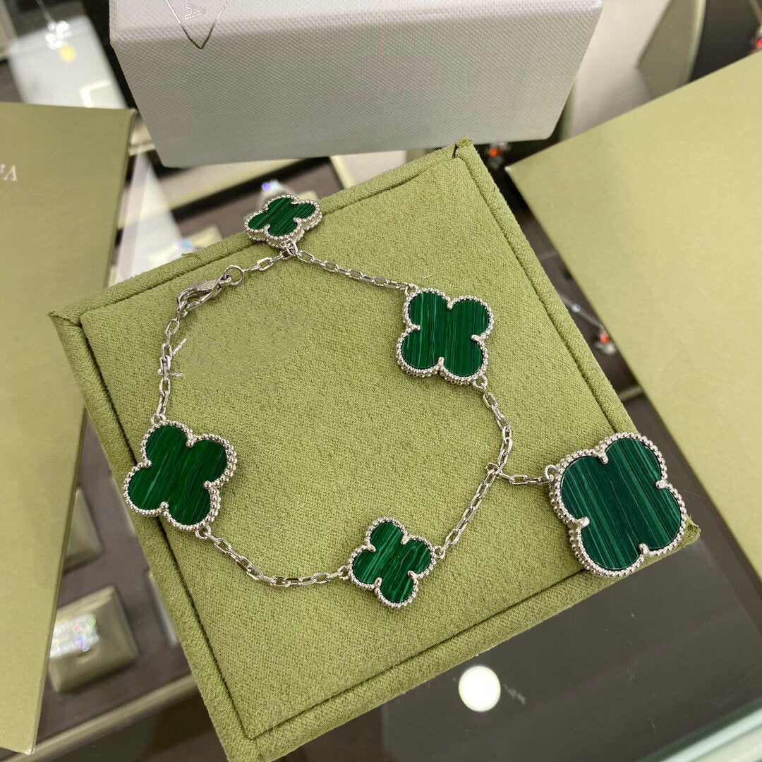 [Stars Jewelry]CLOVER 5 MOTIFS SIVLER MALACHITE BRACELET