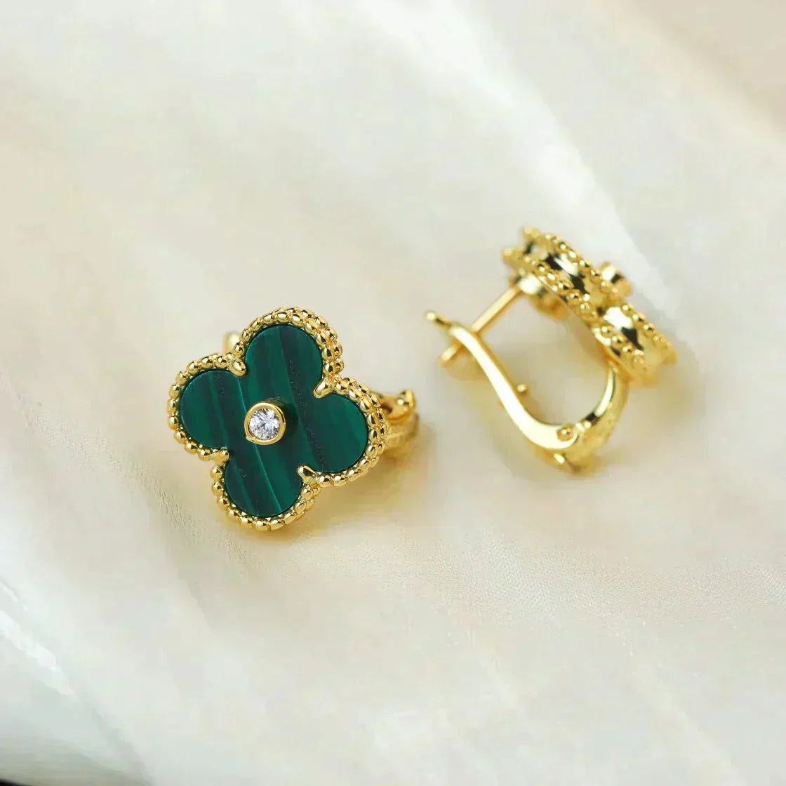[Stars Jewelry]CLOVER MEDIUM 1 MOTIFS MALACHITE DIAMOND EARRINGS