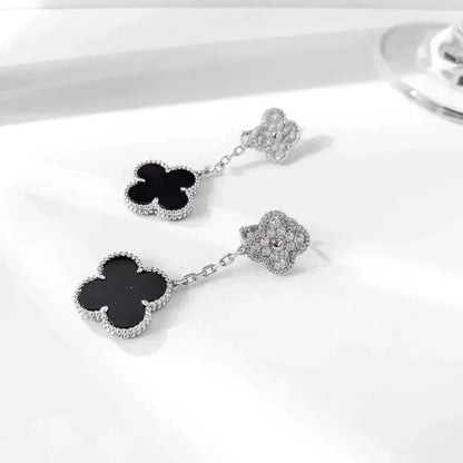 [Stars Jewelry]CLOVER 2 MOTIFS  DIAMOND ONYX EARRINGS SILVER