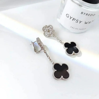 [Stars Jewelry]CLOVER 2 MOTIFS  DIAMOND ONYX EARRINGS SILVER