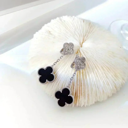 [Stars Jewelry]CLOVER 2 MOTIFS  DIAMOND ONYX EARRINGS SILVER