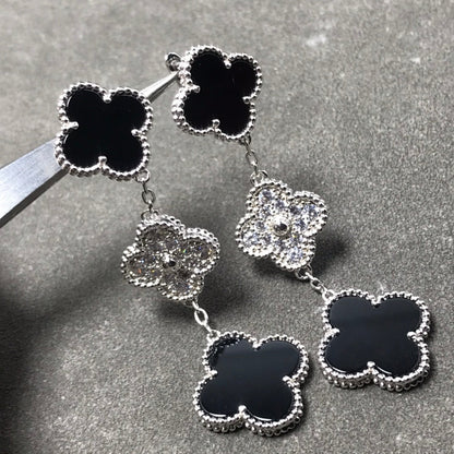 [Stars Jewelry]CLOVER 3 MOTIF DIAMOND ONYX SILVER EARRINGS
