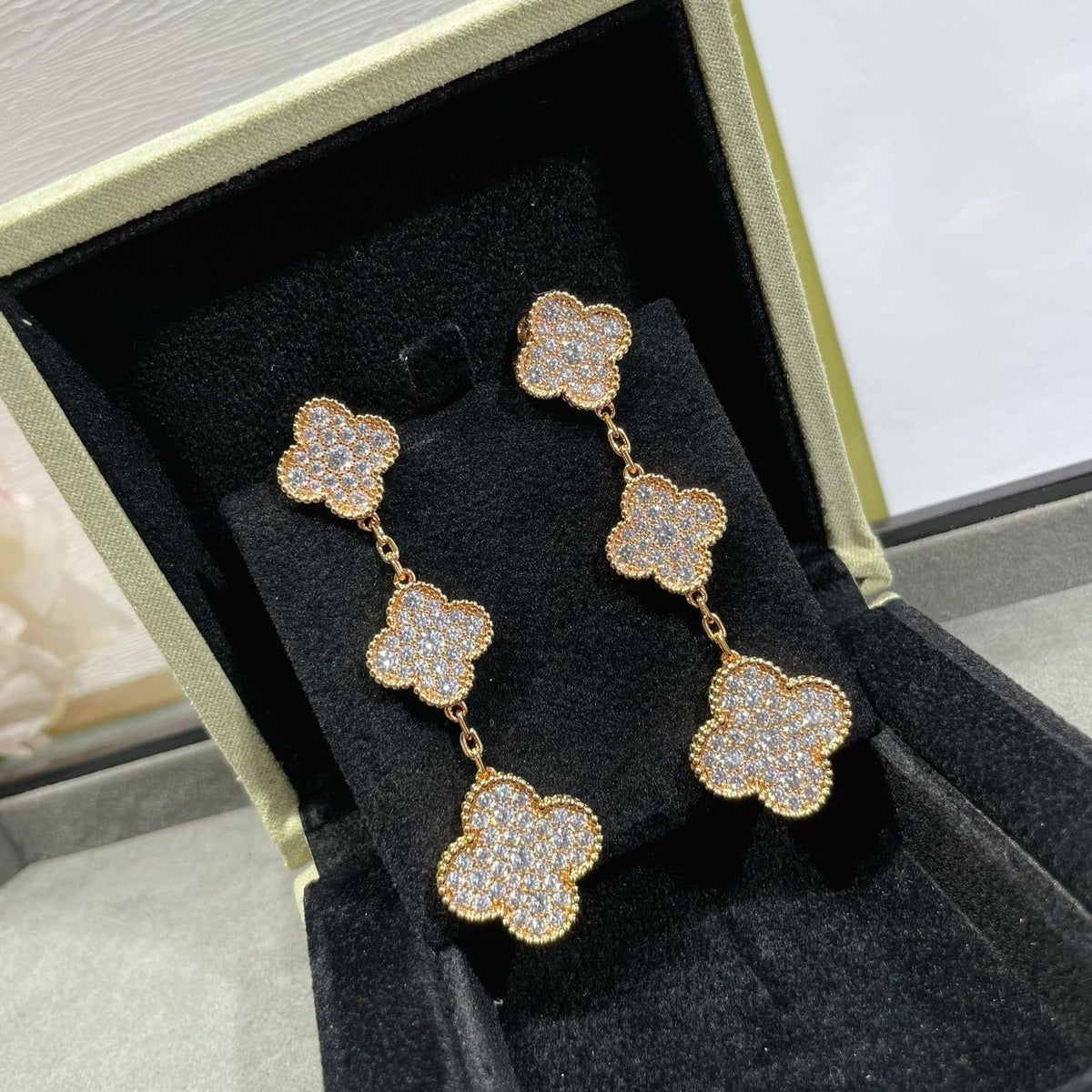 [Stars Jewelry]CLOVER 3 MOTIFS DIAMOND PAVED ROSE GOLD EARRINGS