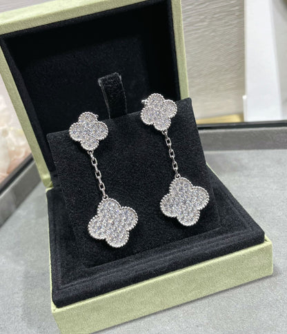 [Stars Jewelry]CLOVER 2 MOTIFS DIAMOND PAVED SILVER EARRINGS