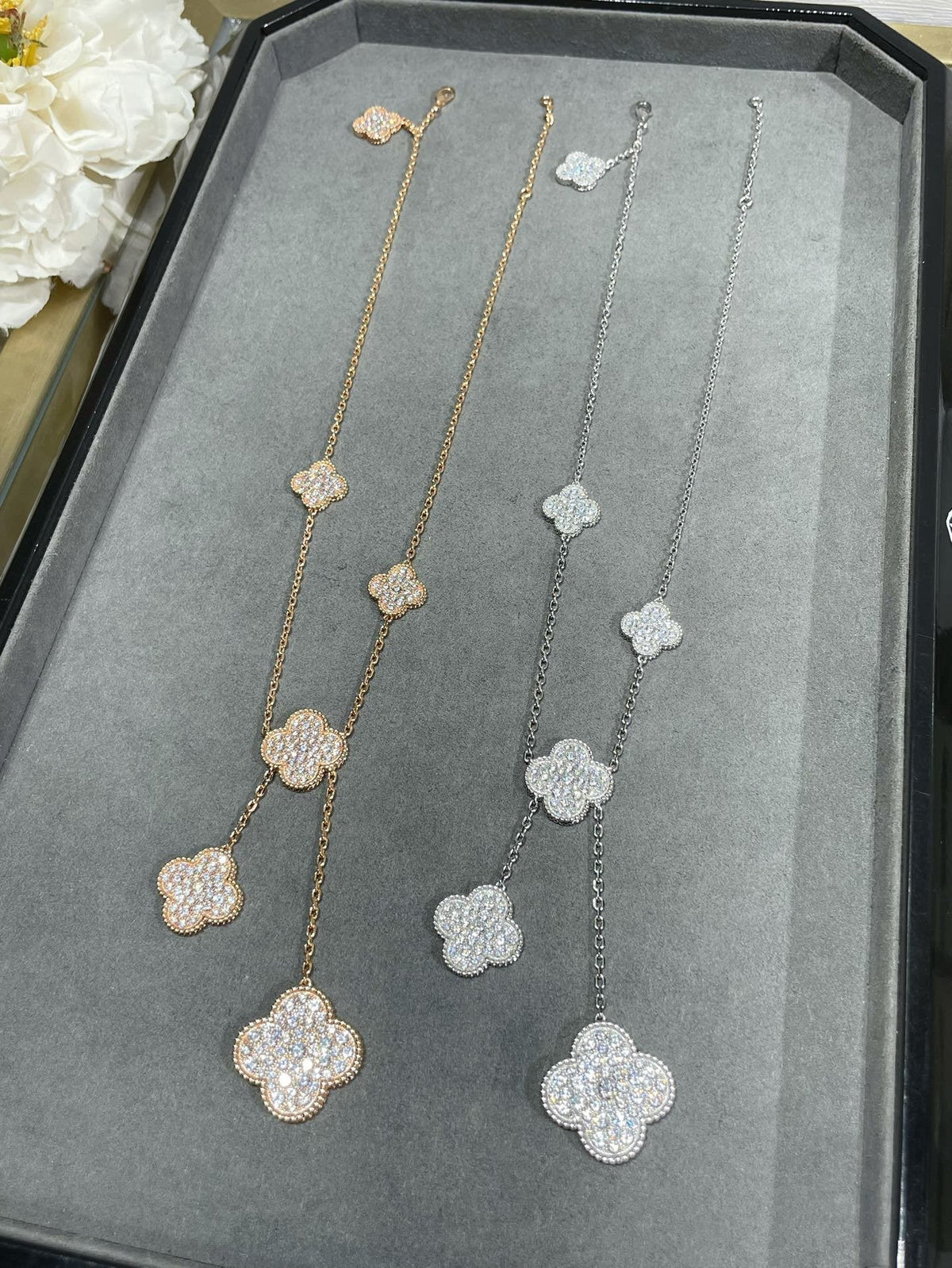 [Stars Jewelry]CLOVER 6 MOTIF DIAMOND PAVED NECKLACE