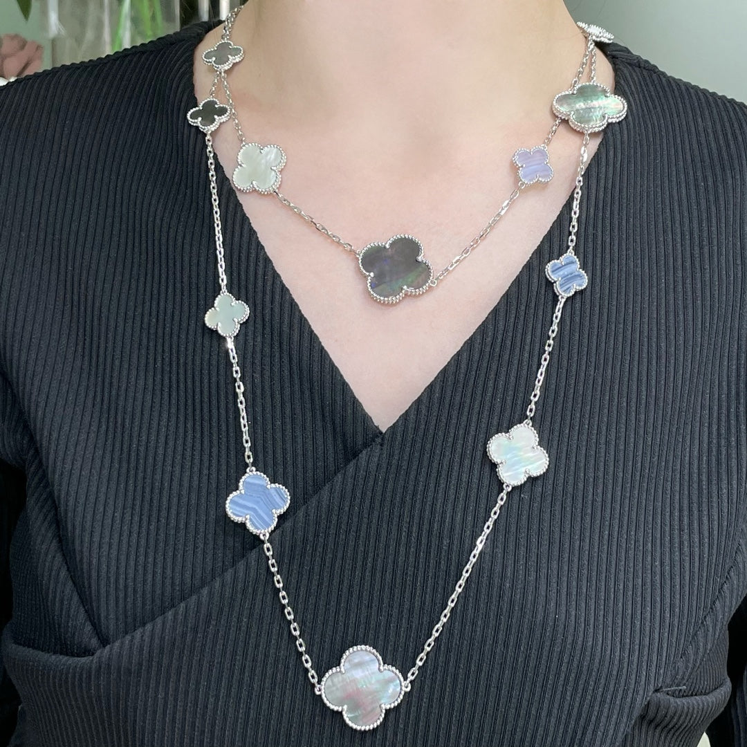[Stars Jewelry]CLOVER 16 MOTIF CHALCEDONY MOP SILVER NECKLACE