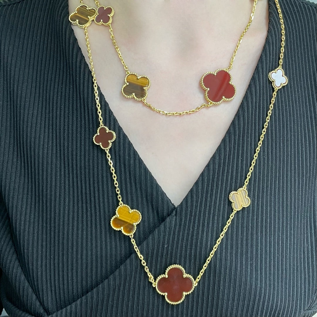 [Stars Jewelry]CLOVER 16 MOTIF CARNELIAN TIGER EYE ROSE GOLD NECKLACE