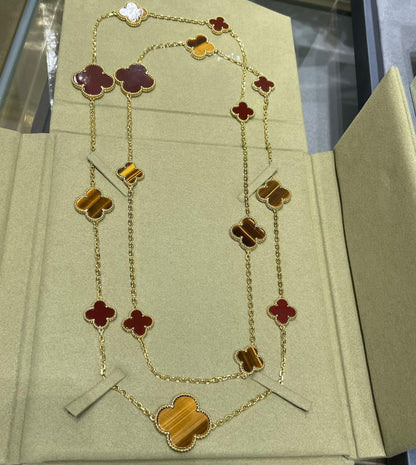 [Stars Jewelry]CLOVER 16 MOTIF CARNELIAN TIGER EYE ROSE GOLD NECKLACE