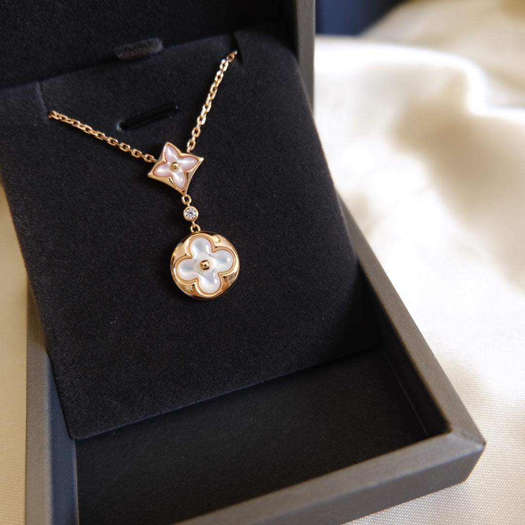[Stars Jewelry]STAR AND SUN WHITE MOP 2 MOTIF PINK GOLD NECKLACE