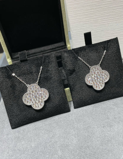 [Stars Jewelry]CLOVER 25MM LARGE PENDANT DIAMOND PAVED SILVER NECKLACE