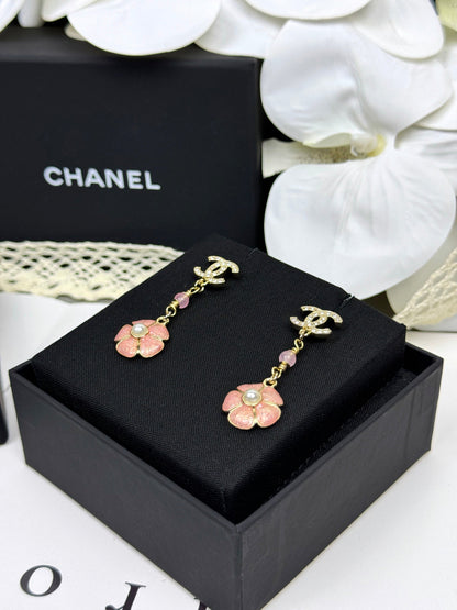 [Stars Jewelry]26C Pink Camellia Enamel Pendant with Double C Earrings