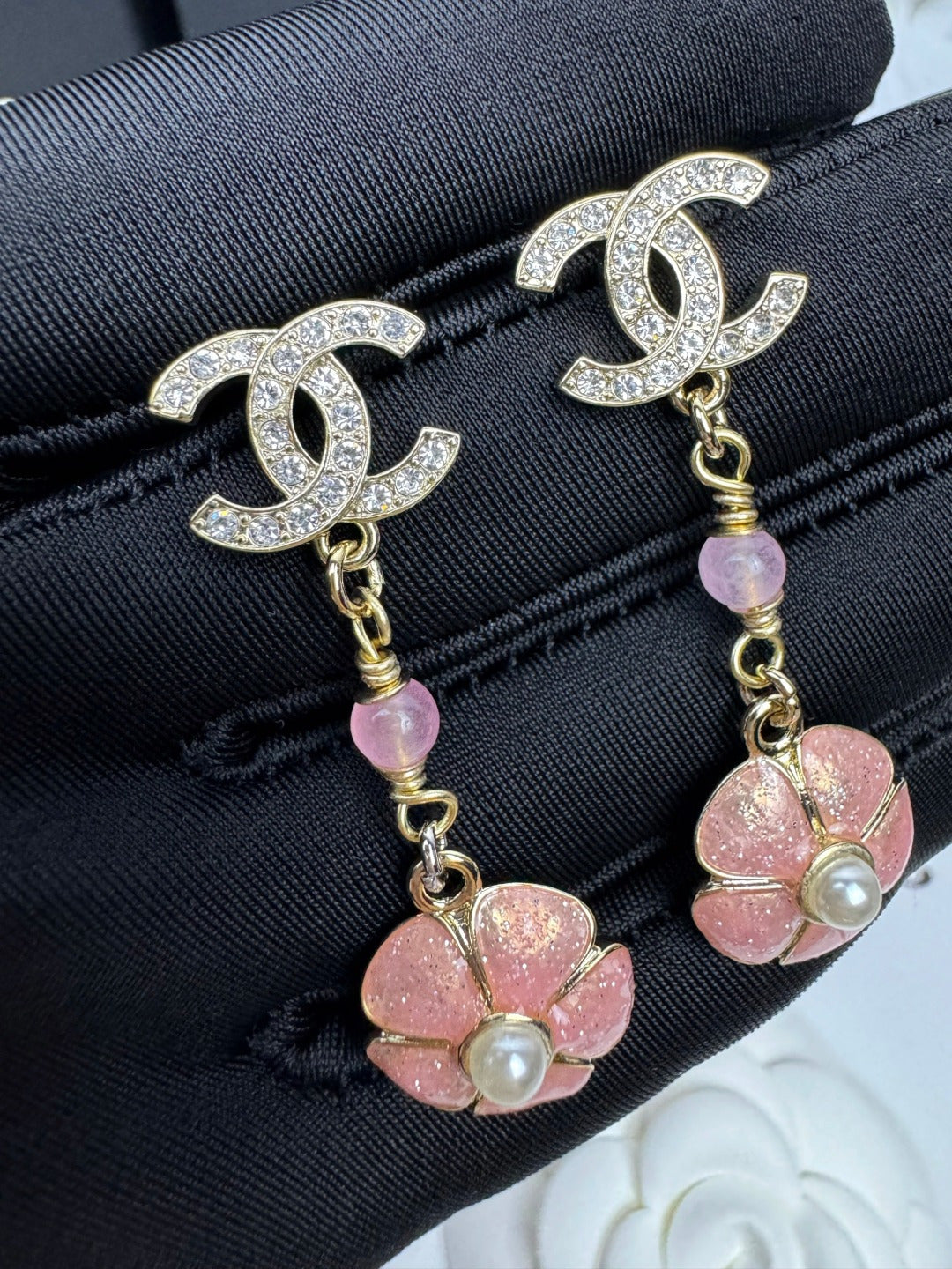 [Stars Jewelry]26C Pink Camellia Enamel Pendant with Double C Earrings