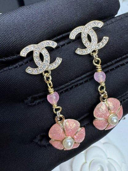 [Stars Jewelry]26C Pink Camellia Enamel Pendant with Double C Earrings