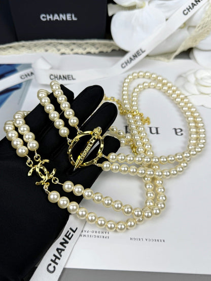 [Stars Jewelry]25K Pencil Double C Double-Layer Pearl Sweater Chain