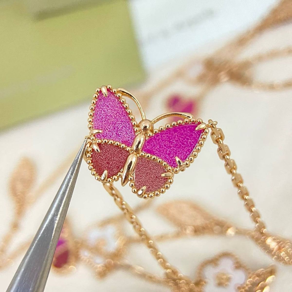 [Stars  Jewelry]ROSE QUARTZ MIXED FLOWER BUTTERFLY SWEATER CHAIN