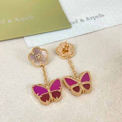 [Stars Jewelry]ROSE QUARTZ TWO‑FLOWER BUTTERFLY DROP EARRINGS