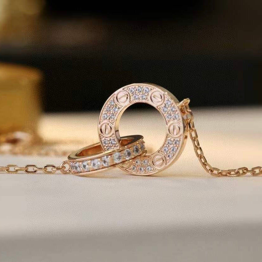 [Stars Jewelry]LOVE 7.6MM NECKLACE ROSE GOLD AND SILVER  FULL DIAMOND