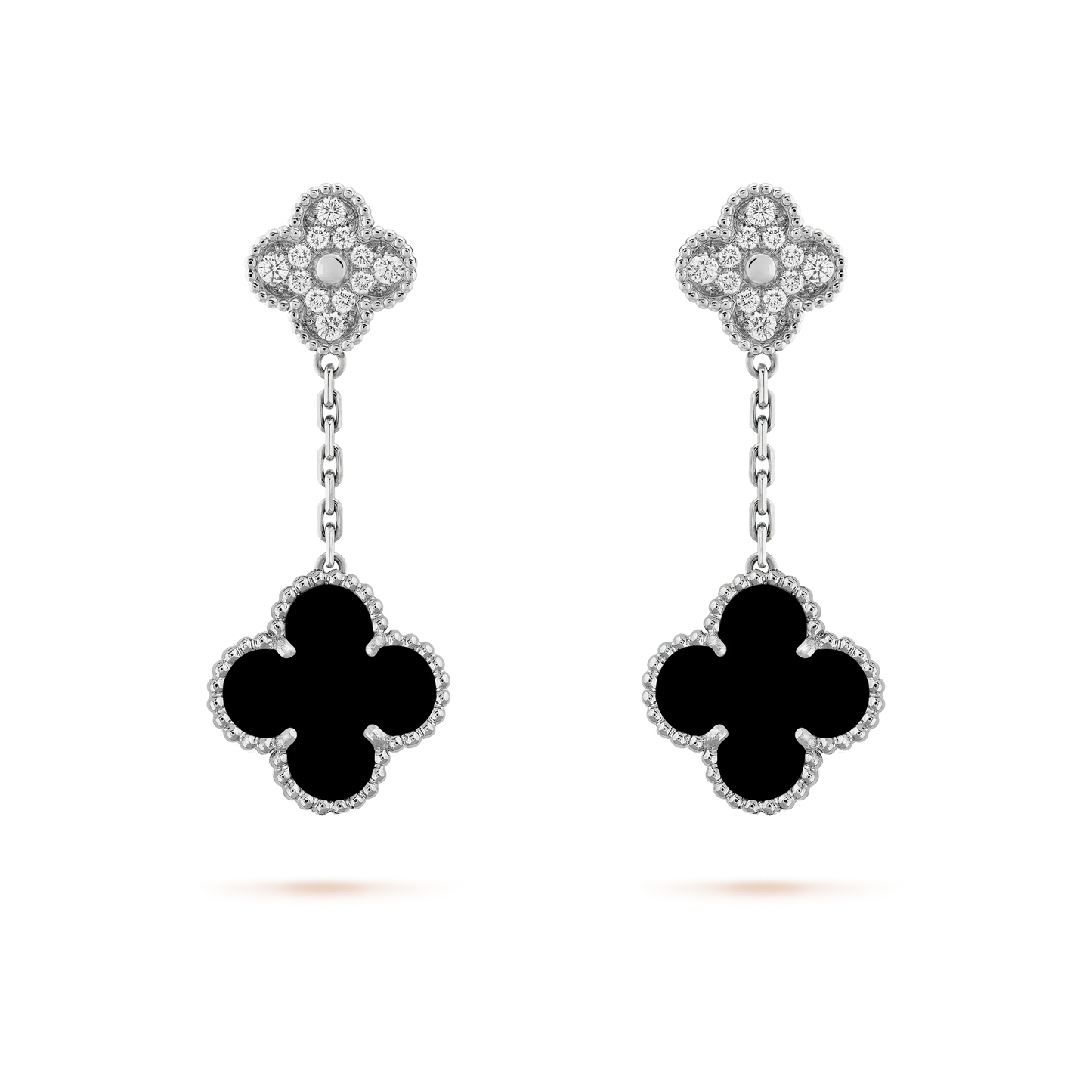 [Stars Jewelry]CLOVER 2 MOTIFS  DIAMOND ONYX EARRINGS SILVER