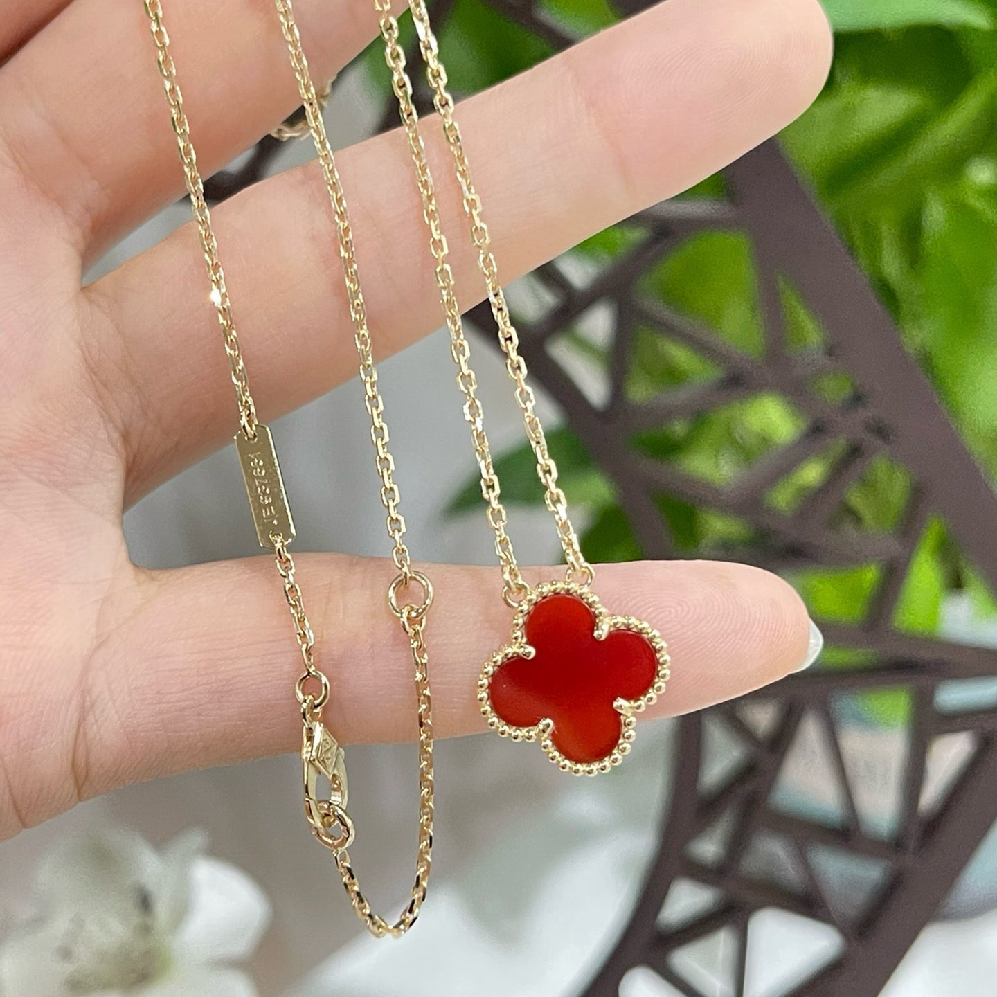 [Stars Jewelry]CLOVER 15MM CARNELIAN SINGLE FLOWER NECKLACE
