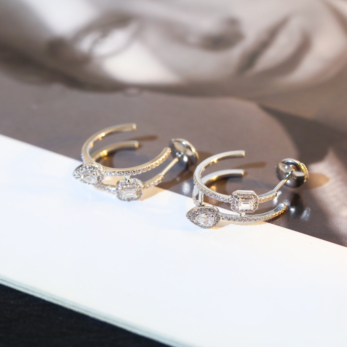 [Stars Jewelry]CREOLES MY TWIN 2 RANGS SILVER DIAMOND EARRINGS