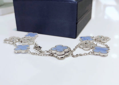 [Stars Jewelry]CLOVER 10 MOTIFS CHALCEDONY DIAMONDS SILVER NECKLACE